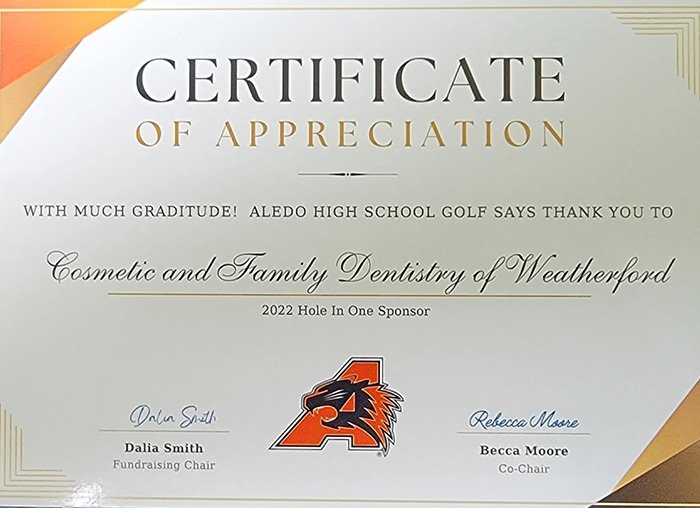 Certificate of appreciation from Aledo High School Golf Club