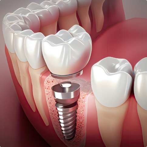 Illustrated dental crown being fitted onto dental implant in lower jaw