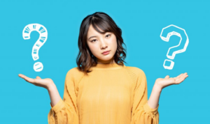 Woman shrugging with question marks floating above her hands